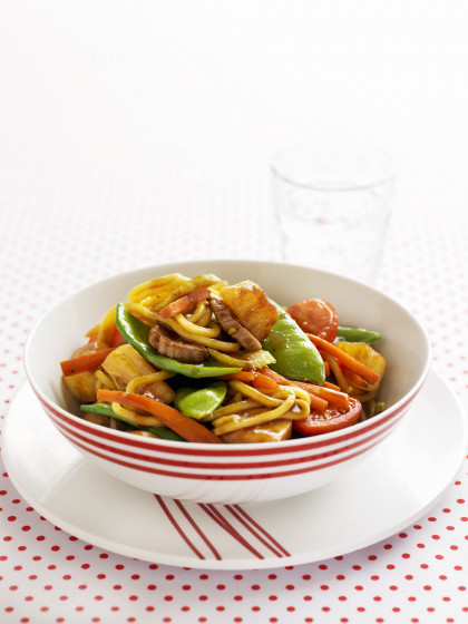 Gluten-free Sweet and sour pork with vegetables and noodles