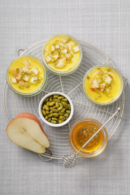 Almond milk panna cotta with pears and lavender honey