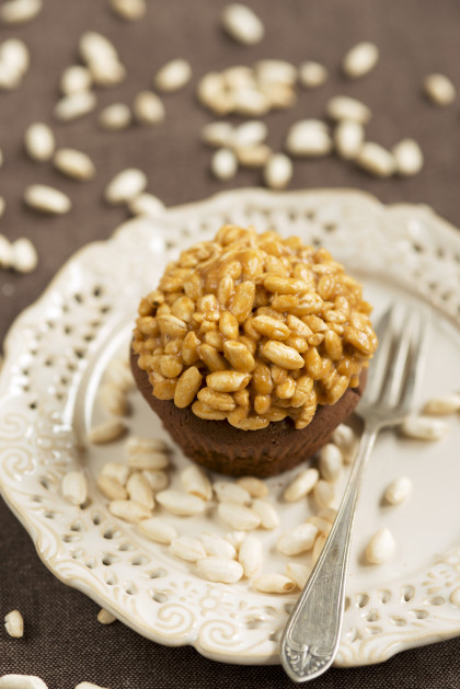 Chocolate cupcake topped with caramelised puffed rice