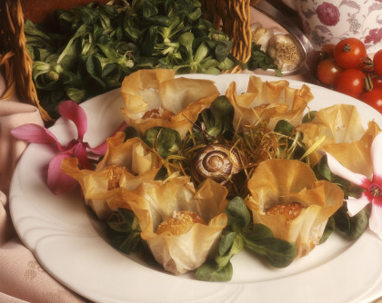Gluten-free Beignets di lumache (snail fritters in a filo pouch)