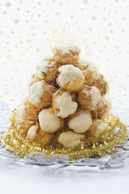 Gluten-free Croquembouche (Christmas dessert, France) with Christmas cake