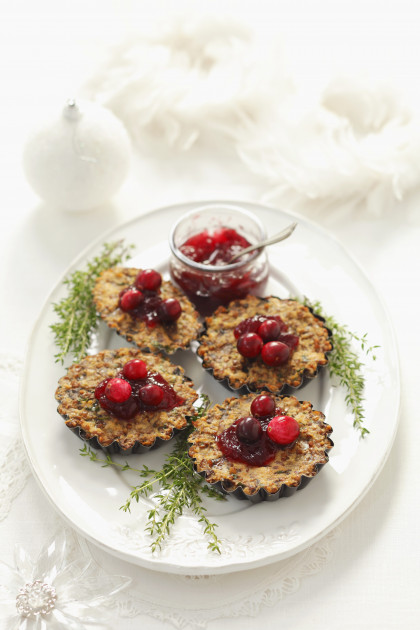 Gluten-free Buckwheat tartlets with mushrooms and cranberries for Christmas
