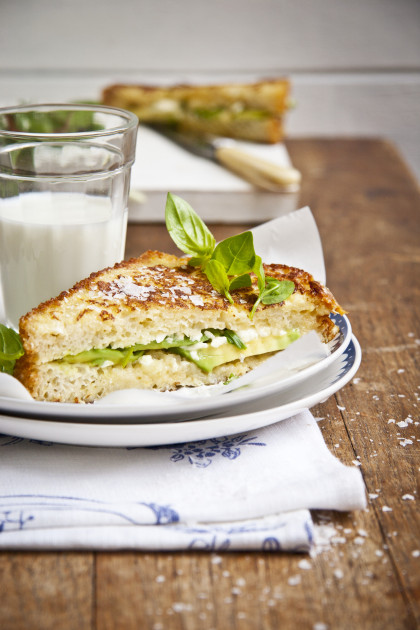 French toast with avocado, feta and basil
