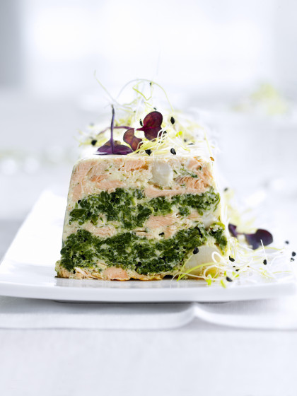 Salmon terrine with spinach and zander