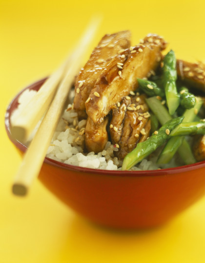 Teriyaki chicken with green asparagus and Japanese rice