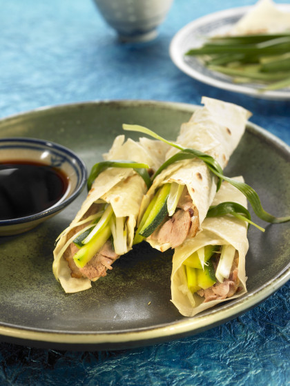 Peking duck, courgette and ginger wraps
