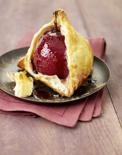 Red wine poached pear in pastry