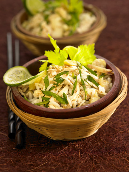 Rice, chicken, celery and sesame seed salad