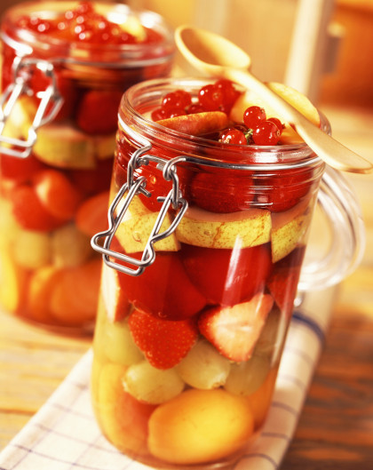Stewed gooseberries, apricots, grapes and strawberries