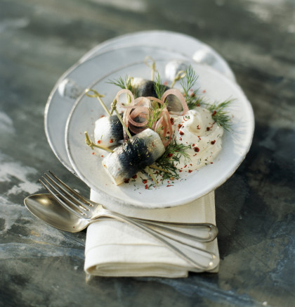 Rollmops with dill cream and pink berries