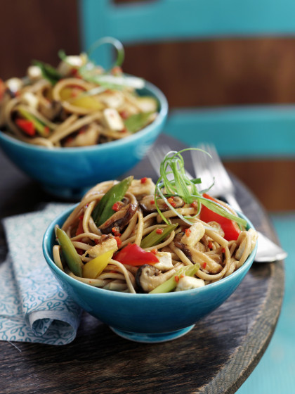 Noodles with tofu and mixed peppers
