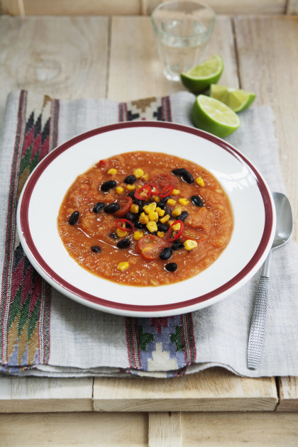 Dairy-free Sweet Potato and Tomato Soup with Sweetcorn, Chilli and Black Beans