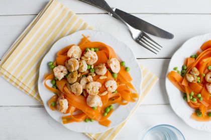 Gluten-free Carrot Tagliatelle with Prawns, Peas and Pine Nuts