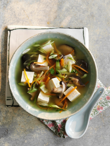Vegan Clear Stock with Tofu and Mushrooms