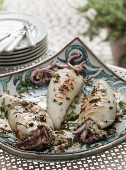 Grilled stuffed squid with feta and herbs
