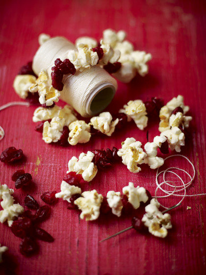 Popcorn and dried cranberries as Christmas decorations