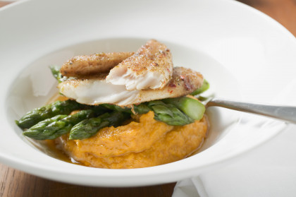 Pangasius fillet with asparagus and sweet potato purée