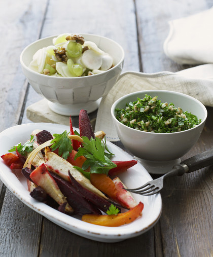 Root vegetables, radish salad with grapes and walnuts and tender wheat salad with herbs