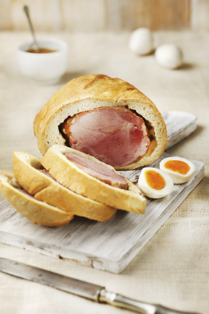 Gluten-free dairy-free Easter ham wrapped in bread (Hungary)