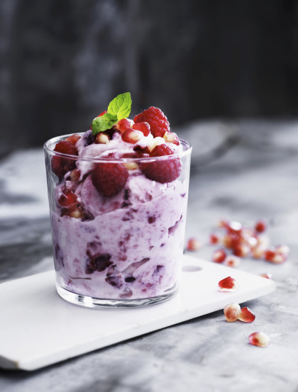 Berry yogurt with pomegranate seeds