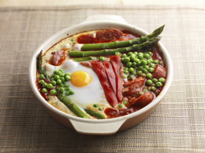Baked eggs red pepper asparagus peas and chorizo
