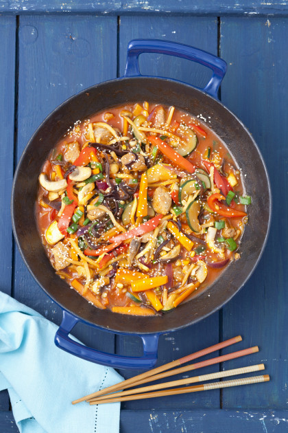 Sweet and sour pork with vegetables and mushrooms