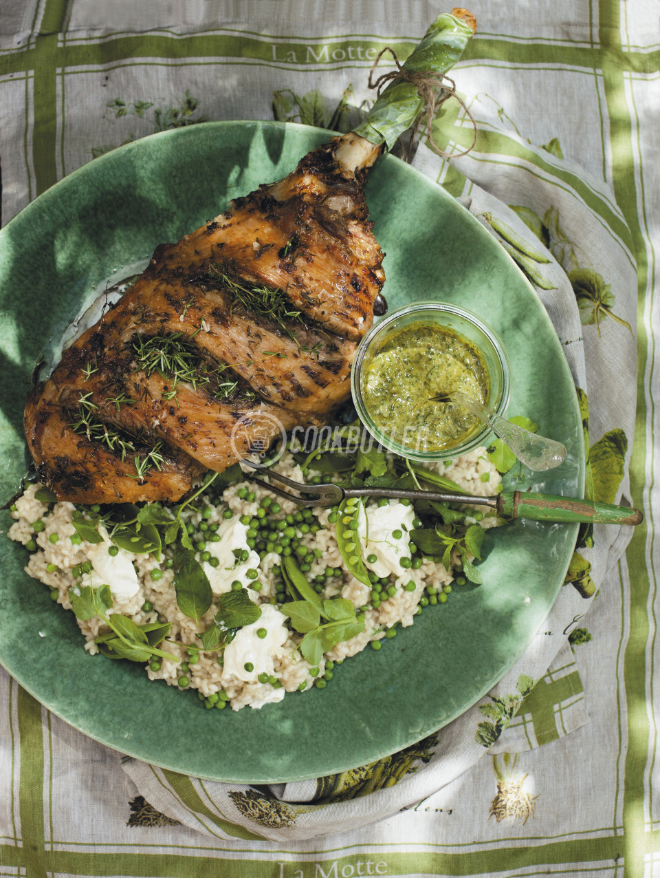 Roast lamb with crème fraîche risotto, peas and salsa verde | preview