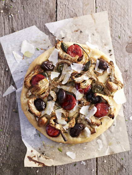 Gluten-free, dairy-free artichoke, chorizo and black olive pizza