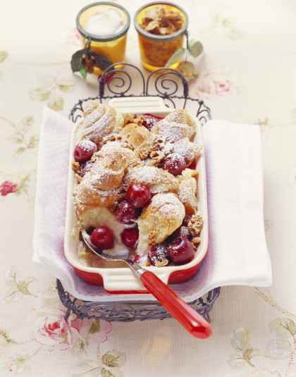 Cherry pudding with croissants