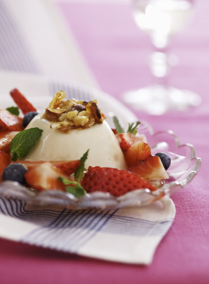 Honey pannacotta with caramelised nuts and fresh berries
