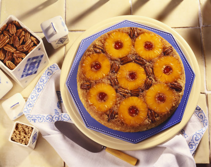 Pineapple upside down cake with pecans and rum (gluten-free, dairy-free)