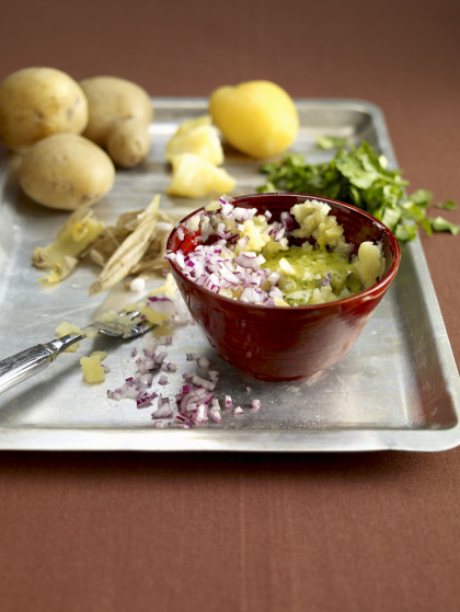 Green potato dip with onions for new potatoes