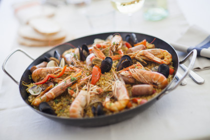 Paella with langoustines and mussels