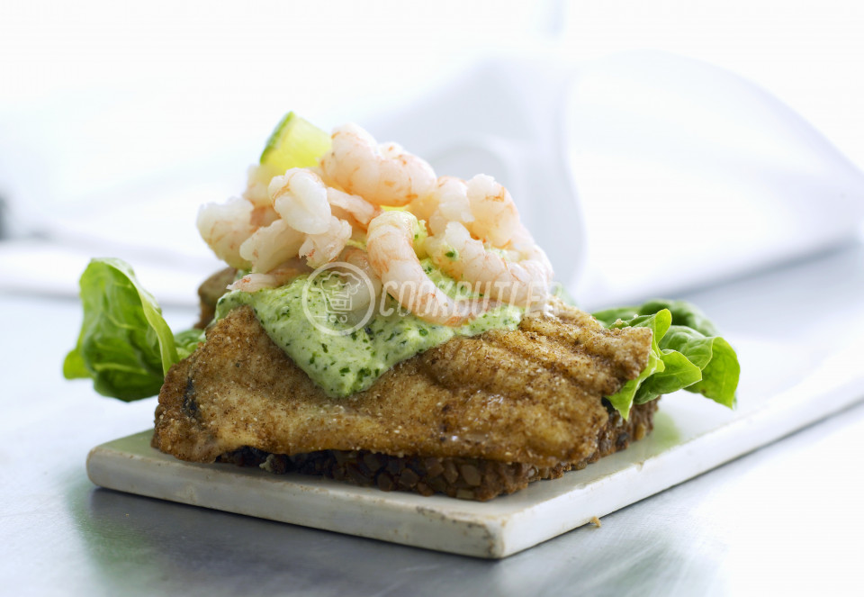 Smörrebröd with fried fish, herb sauce and North Sea shrimps (Denmark) | preview