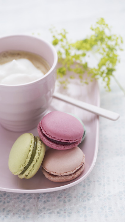 Colourful macaroons with cafe latte (gluten-free, dairy-free, sugar free)