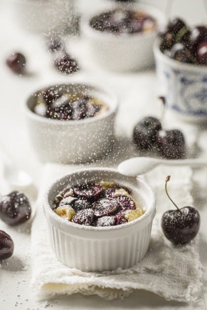 Cherry clafouti with icing sugar (gluten-free, dairy-free)