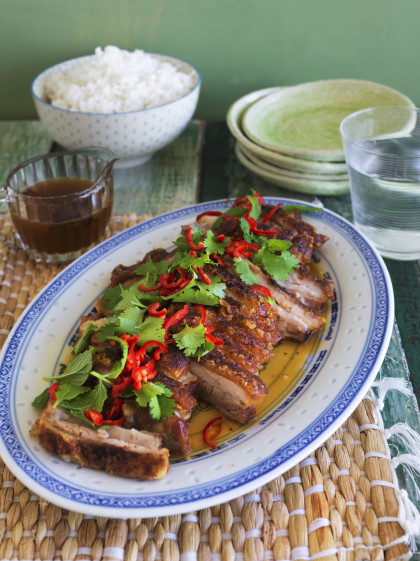 Spicy pork belly with chilli Peppers and coriander and a side of rice (China)