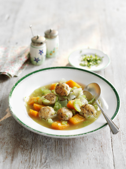 Vegetable soup with chicken and herb dumplings