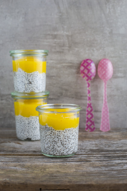 Chia and coconut pudding with mango mousse