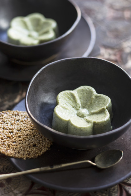 Matcha and coconut panna cotta with sesame seed tuiles (gluten-free, dairy-free, sugar free)