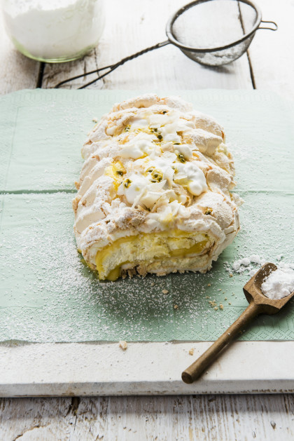 Passion fruit and coconut meringue roll