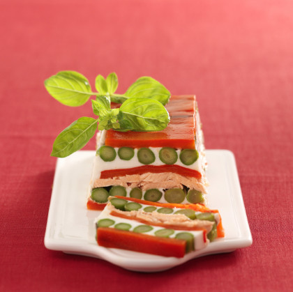 Salmon, green asparagus and red pepper terrine