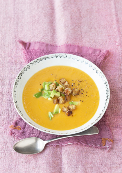 Sweet potato soup with avocado and croutons