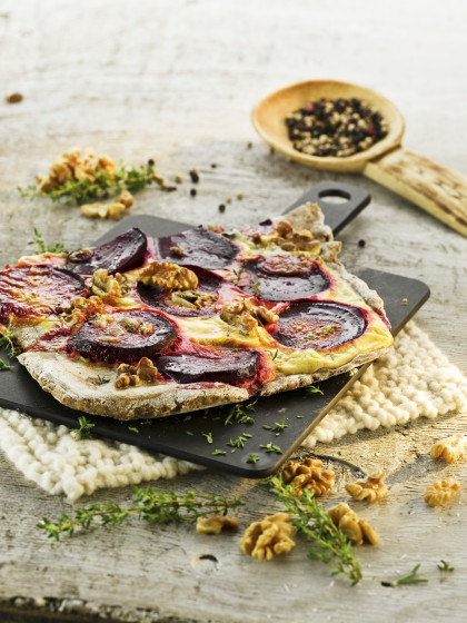 Tarte flambée with beetroot and walnuts (gluten-free, dairy-free)