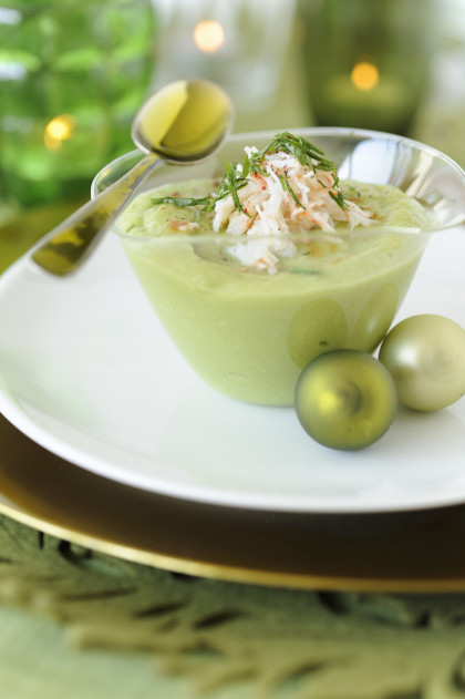 Cucumber and avocado gazpacho with crab meat