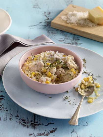 Orzo risotto with chicken, leek and sweetcorn