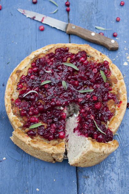 Christmas turkey shortcrust pie topped with cranberries and sage (gluten-free, dairy-free, sugar-fre