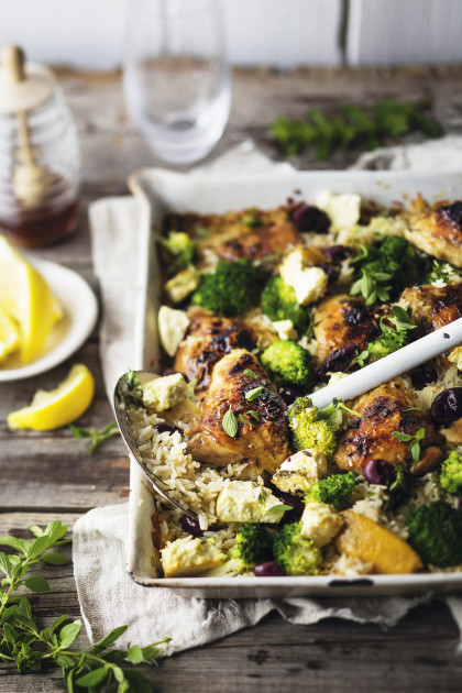Greek rice dish with chicken and broccoli