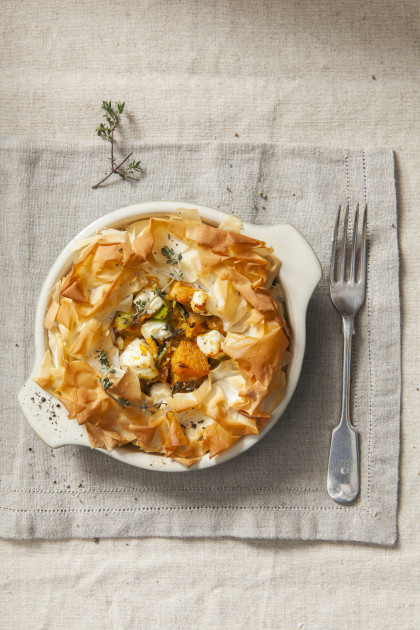 Filo pastry dish with roasted butternut pumpkin, feta and thyme