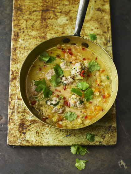 Spicy Red Lentil, Coconut and Coriander Soup with Chicken Dumplings (gluten-free)